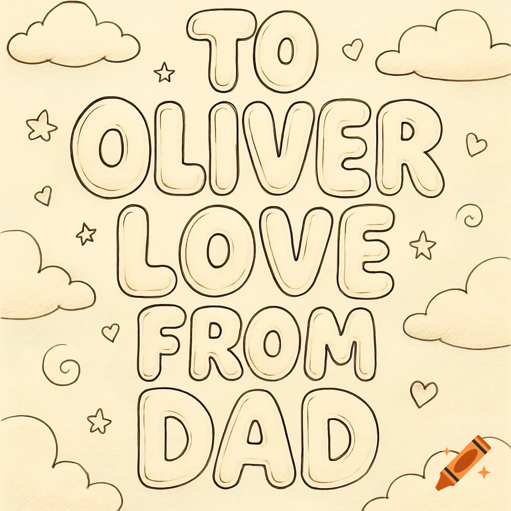A coloring page with the message "TO OLIVER LOVE FROM DAD" in large bubble letters, surrounded by cartoon clouds, stars, hearts, and swirls.