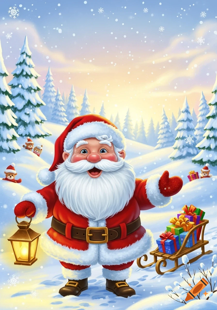 A cheerful cartoon Santa Claus in a snowy winter landscape with pine trees, holding a lantern and a sleigh of gifts.