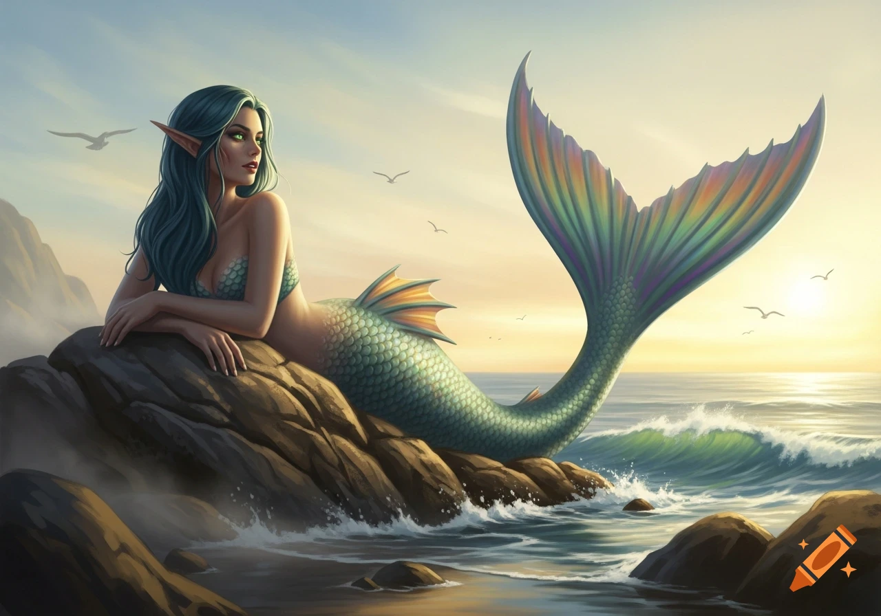 A mermaid with teal hair and a shimmering scaled tail rests on rocks by the ocean at sunrise.