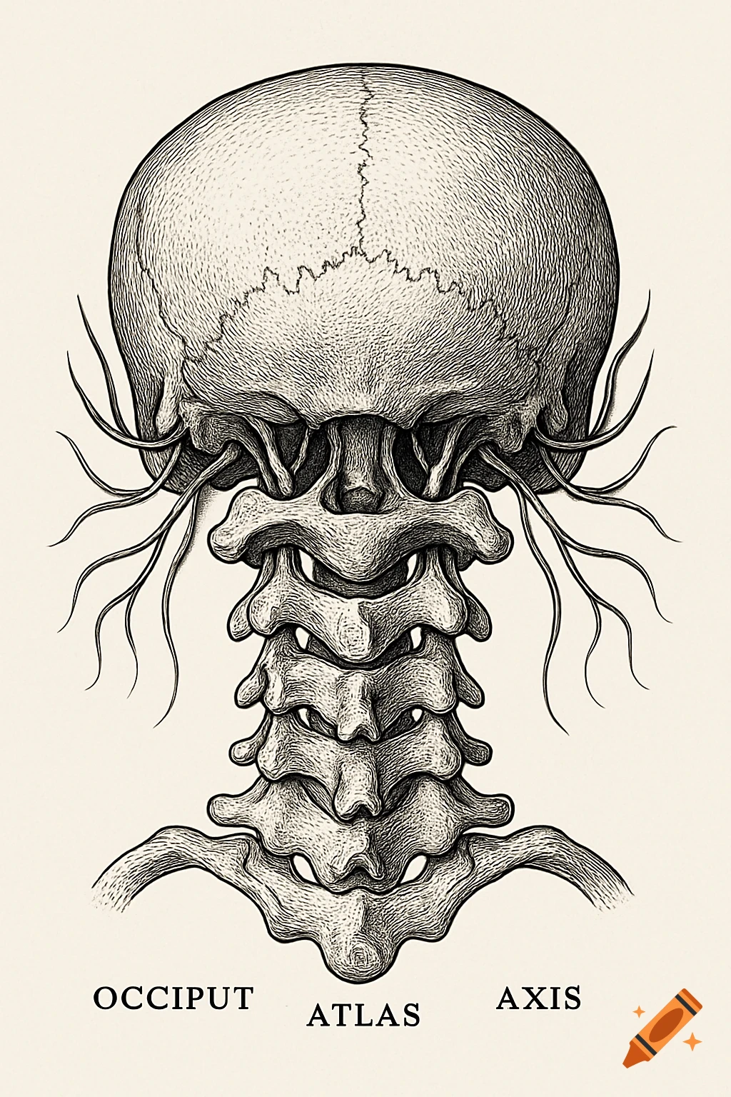 Black and white vintage anatomical illustration of a human skull, cervical spine, and stylized nerves, labeled occiput, atlas, axis.