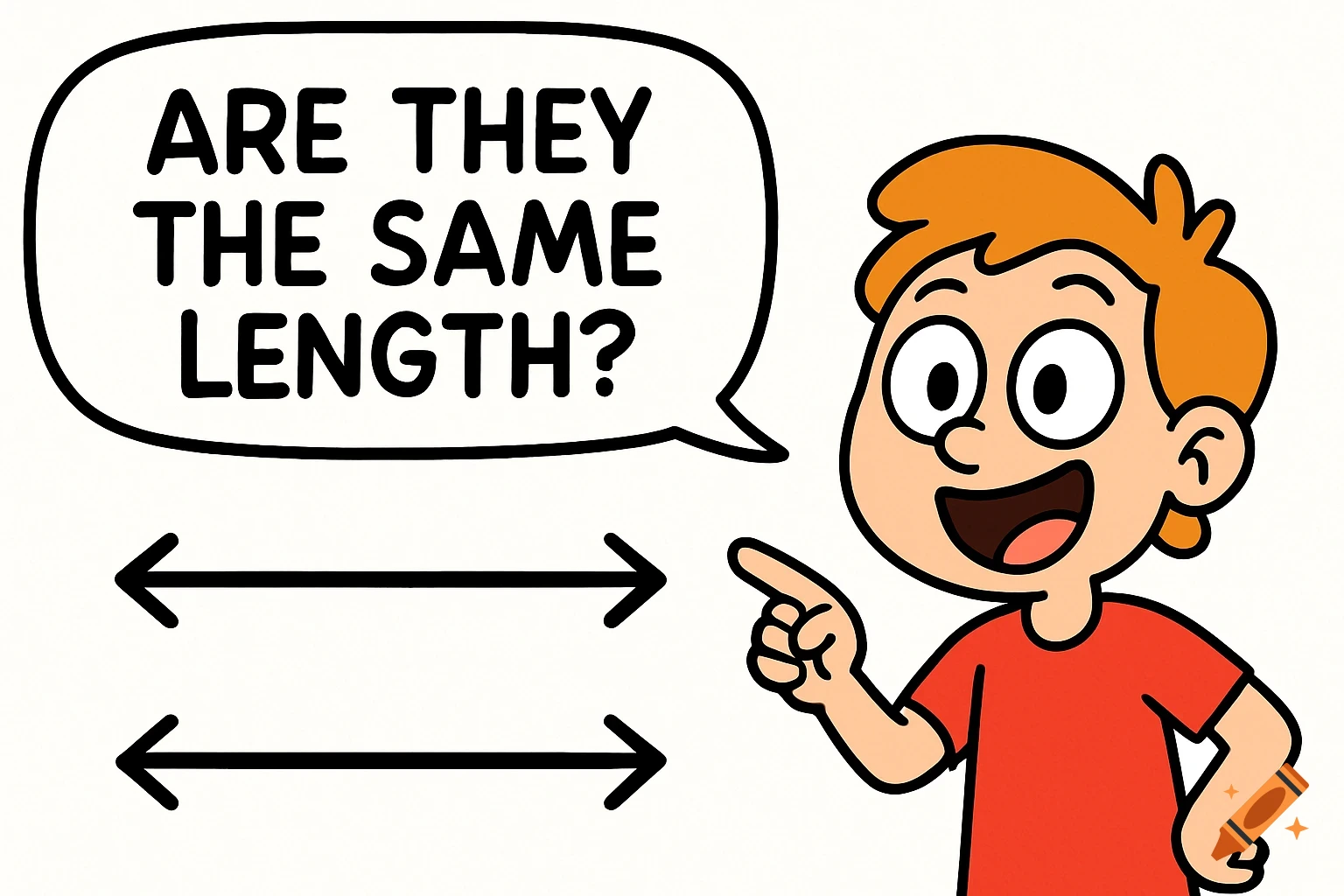 A smiling cartoon boy points to two horizontal lines with arrows, asking 'ARE THEY THE SAME LENGTH?' in a speech bubble.
