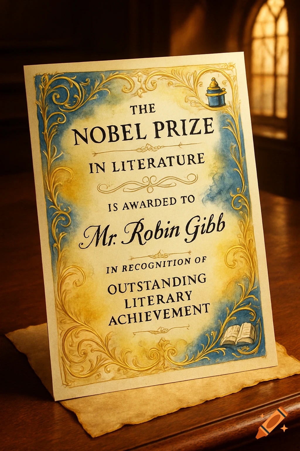 A decorative Nobel Prize in Literature certificate awarded to Mr. Robin Gibb, displayed on a wooden table.