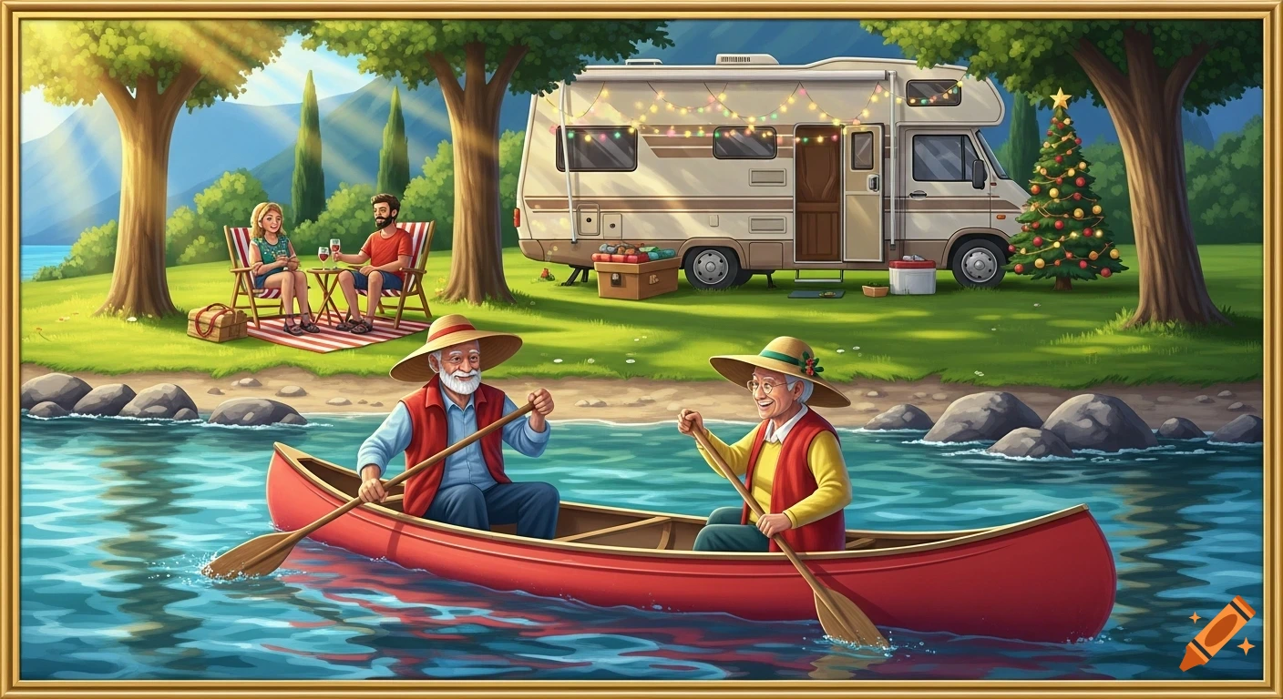 Cartoon illustration of an elderly couple canoeing on a lake while a younger couple relaxes by their RV at a campground with a Christmas tree.