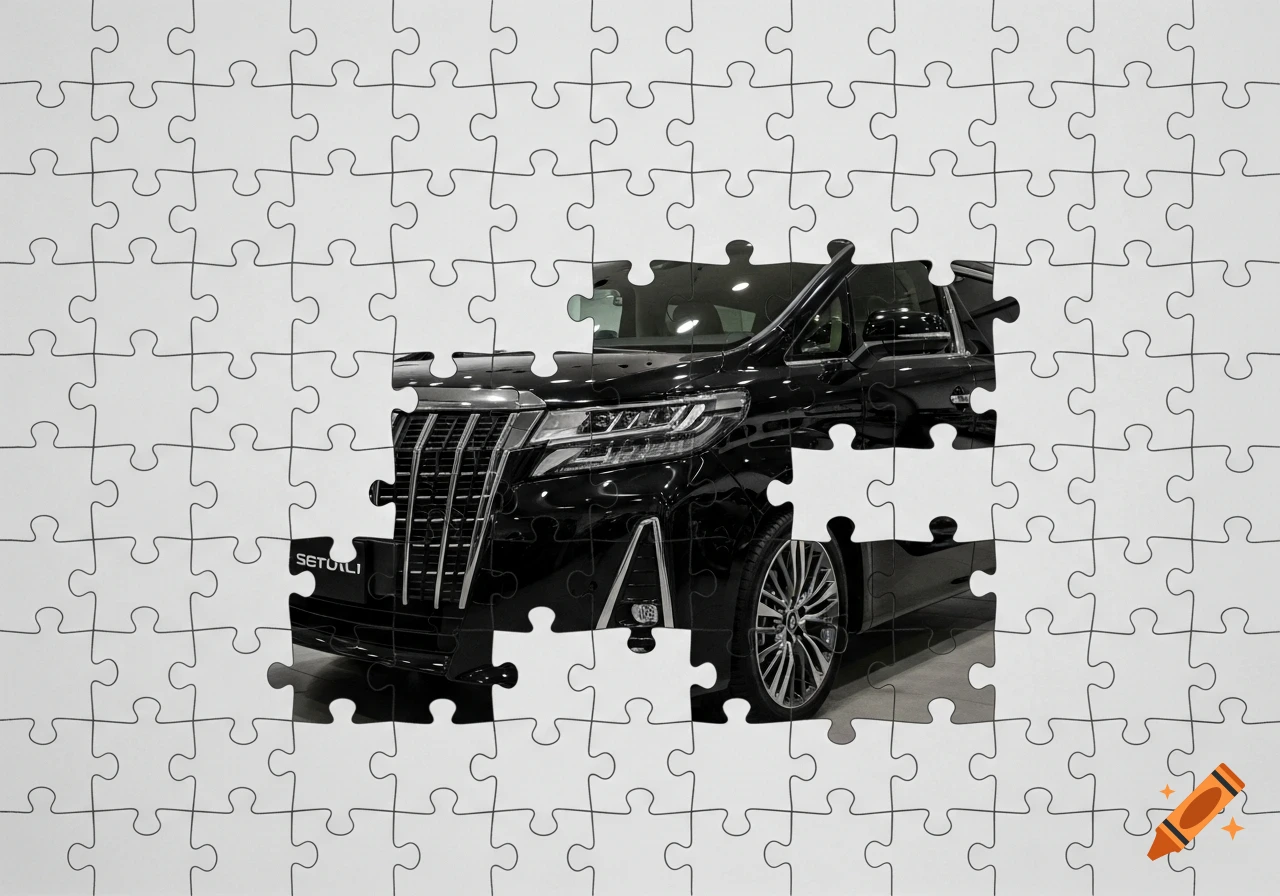 Close-up of a black luxury minivan's front grille and headlight, partially revealed through missing pieces of a white jigsaw puzzle.
