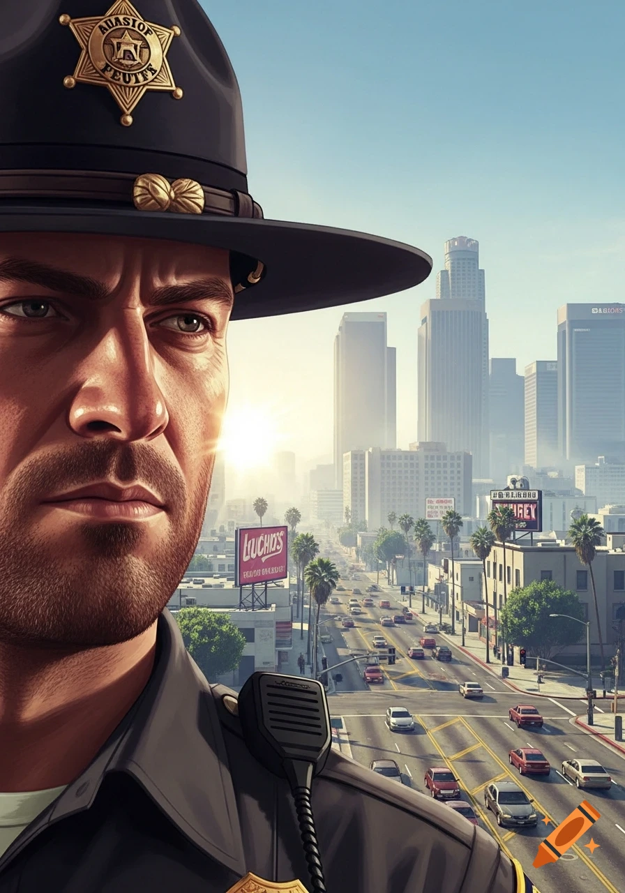 Close-up of a deputy in a wide-brimmed hat, with a sprawling cityscape and traffic behind him under a sunny sky in a video game art style.