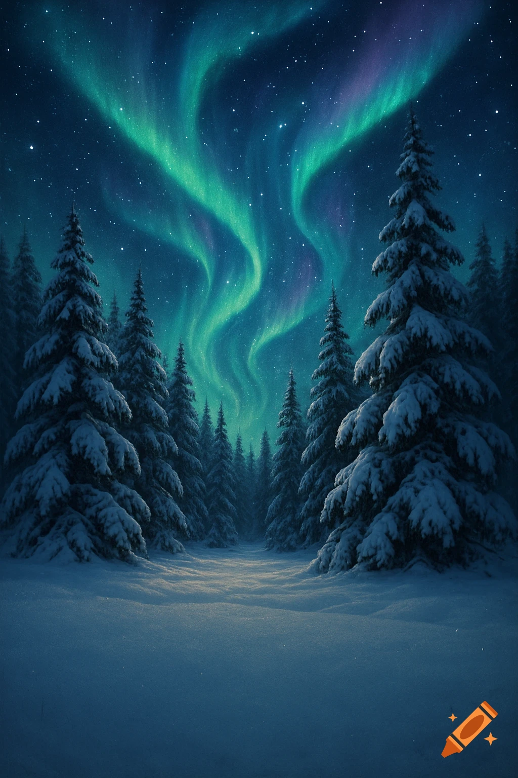 Vibrant green and purple aurora borealis illuminate a snowy evergreen forest and landscape at night.
