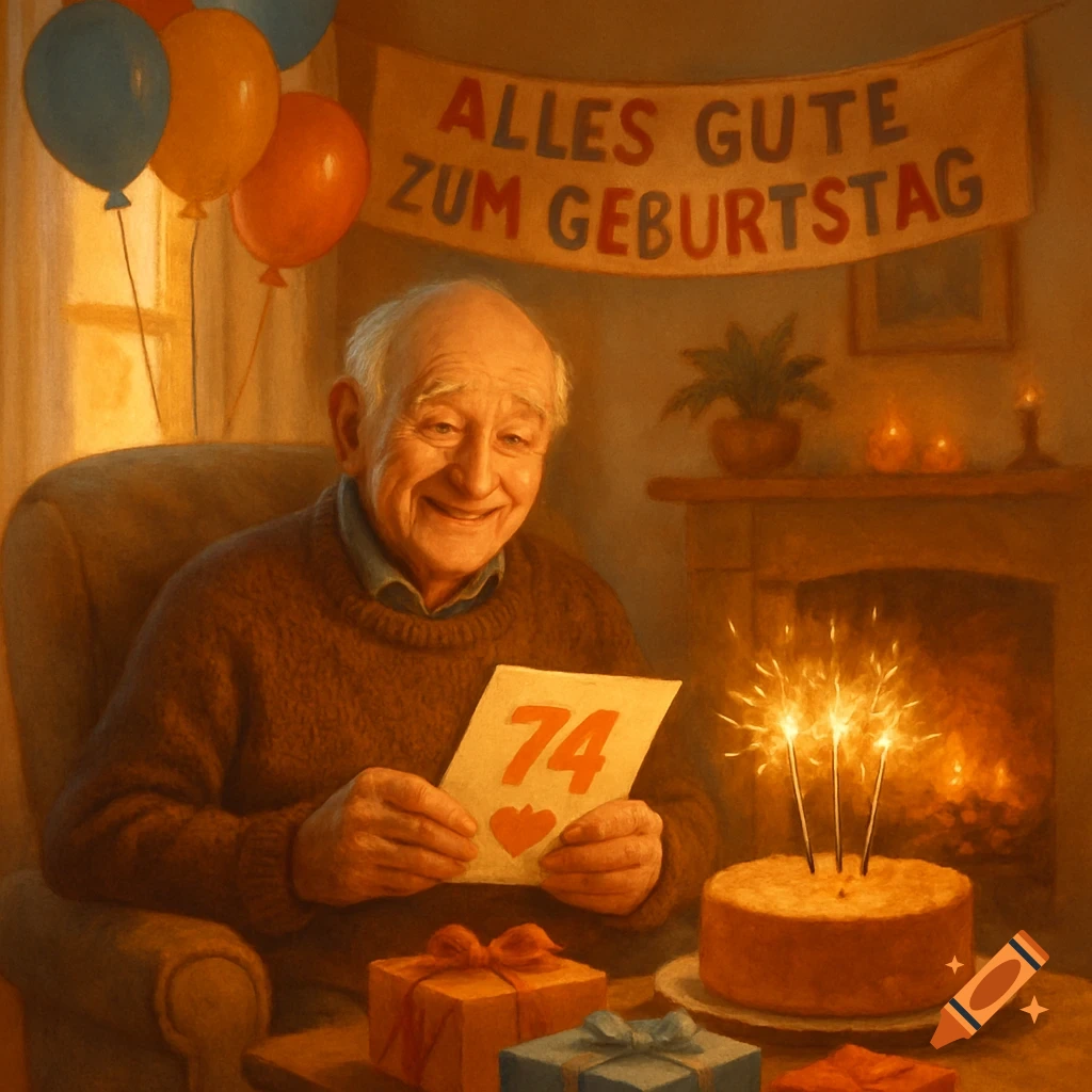 An elderly man smiles, holding a '74' birthday card, surrounded by balloons, gifts, and a sparkling cake in a warm, cozy room.