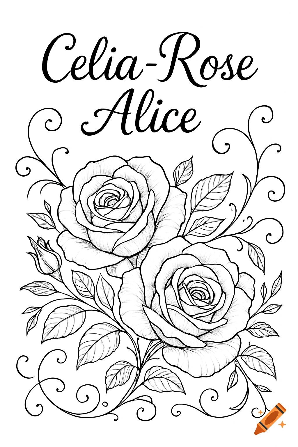 Black and white line art coloring page with 'Celia-Rose' and 'Alice' above two detailed roses and leaves.