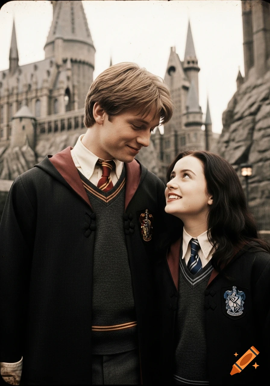 A vintage-style photograph shows a tall man in a Gryffindor robe smiling down at a woman in a Ravenclaw robe, with Hogwarts castle in background.