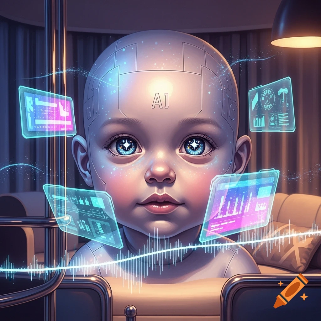 Close-up of a futuristic baby robot with glowing blue eyes and 'AI' on its forehead, surrounded by glowing holographic screens and data waves.