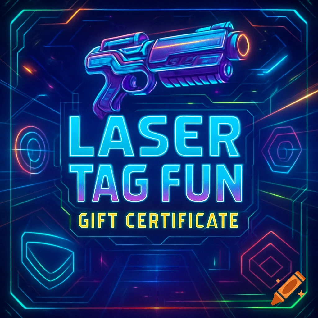 A neon-lit graphic of a futuristic laser gun with the text 'LASER TAG FUN GIFT CERTIFICATE' on a circuit board background.
