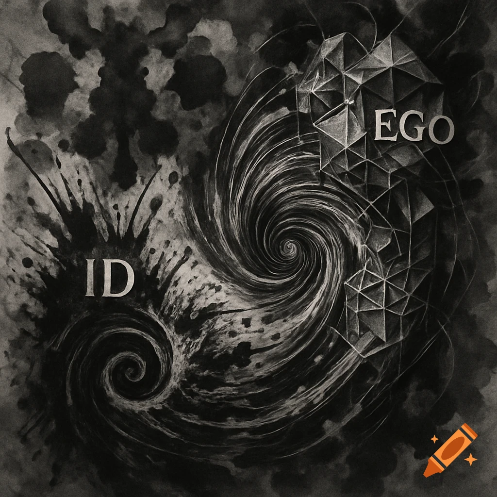 Black and white abstract illustration contrasting 'ID' as an ink splatter with 'EGO' as a geometric structure, separated by a swirling vortex.
