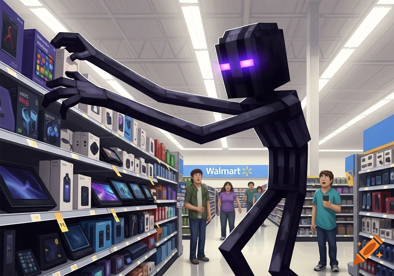 A blocky Minecraft Enderman stretches its long arms to grab items from shelves in a Walmart, while surprised shoppers look on.