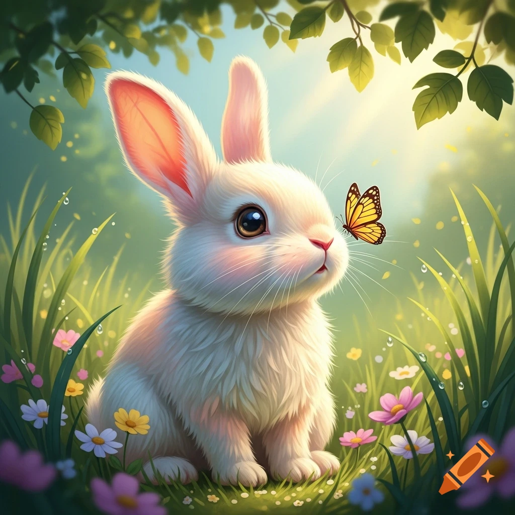 A fluffy white rabbit with big eyes sits in a grassy field among ...