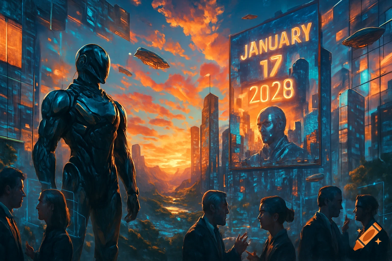 A muscular, dark, humanoid robot stands facing a futuristic city at sunset. A large billboard shows "JANUARY 17 2028" with a man's bust. People converse below.