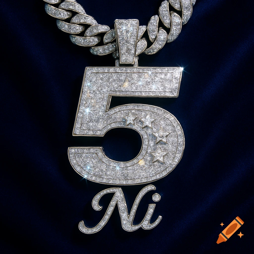 Diamond-encrusted chain with a large '5' pendant featuring stars and the name 'Ni', on a dark blue background.