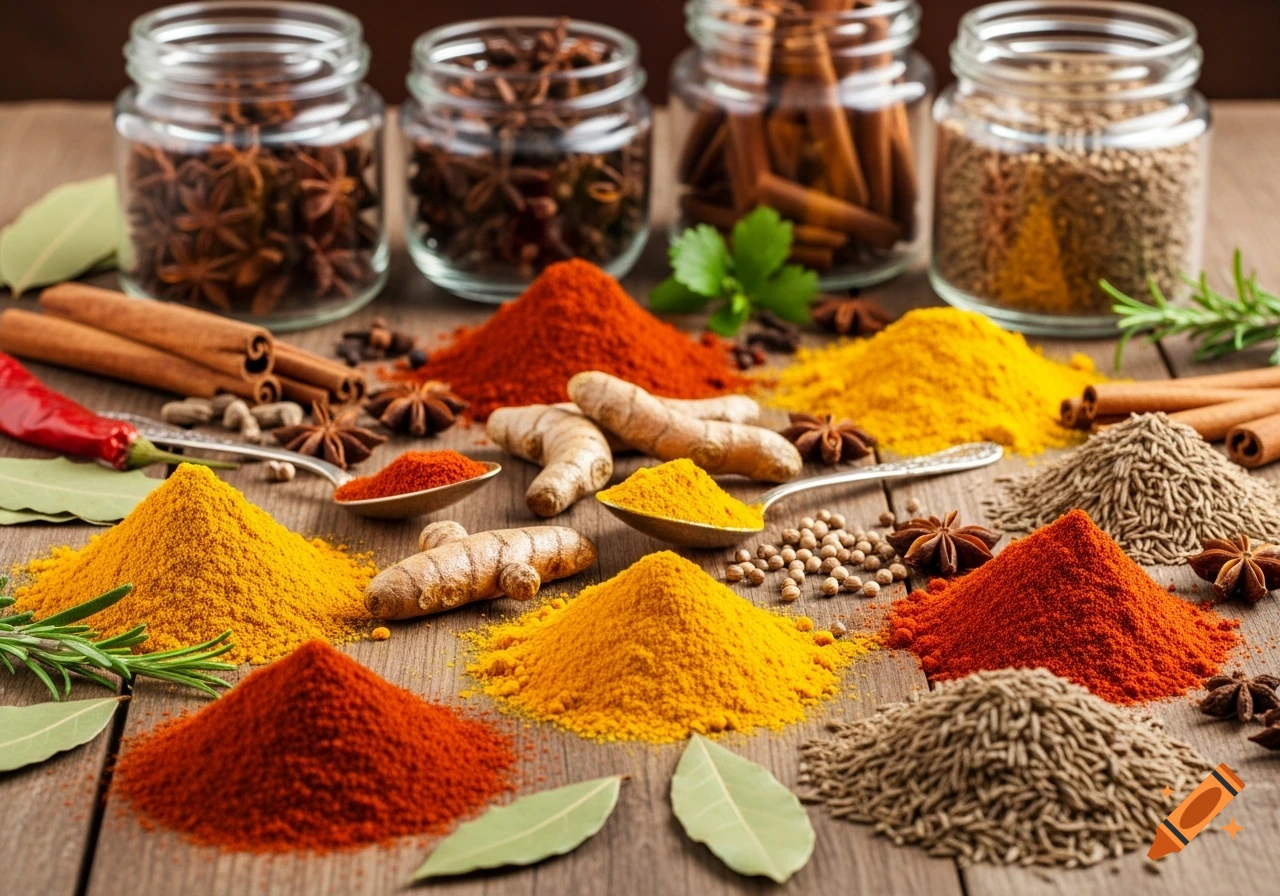Colorful piles of ground spices, whole ginger, cinnamon, and star anise are arranged on a wooden table, with jars of spices in the background.