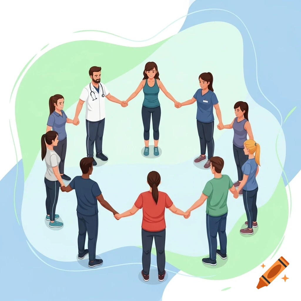 A diverse group of people, including medical professionals and clients, stand in a circle holding hands against a light blue and green abstract background in a vector illustration.