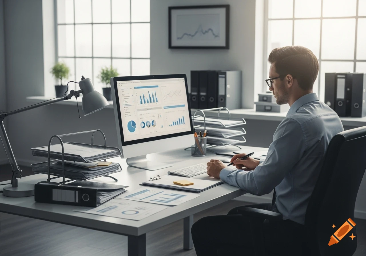 Photorealistic image of a man working at an organized modern office desk, viewing a computer with abstract charts and graphs.
