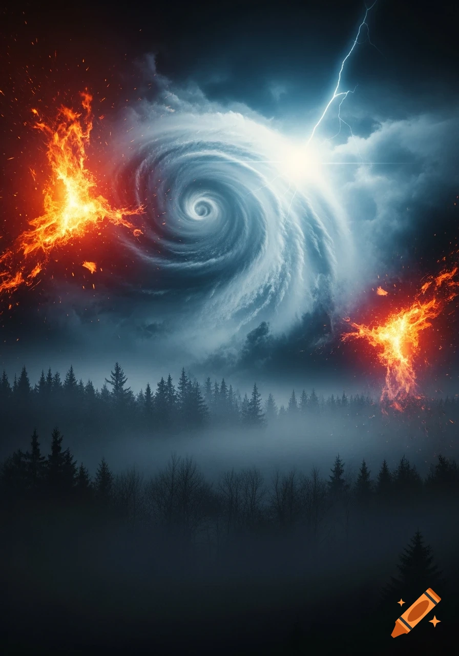 A dramatic scene showing a swirling white hurricane cloud with lightning, surrounded by fiery red explosions, over a misty, dark forest.