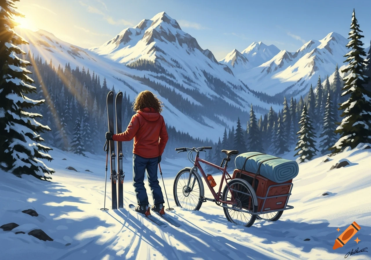 A person with long curly hair stands with skis next to a bicycle and trailer in a sunlit, snowy mountain landscape.