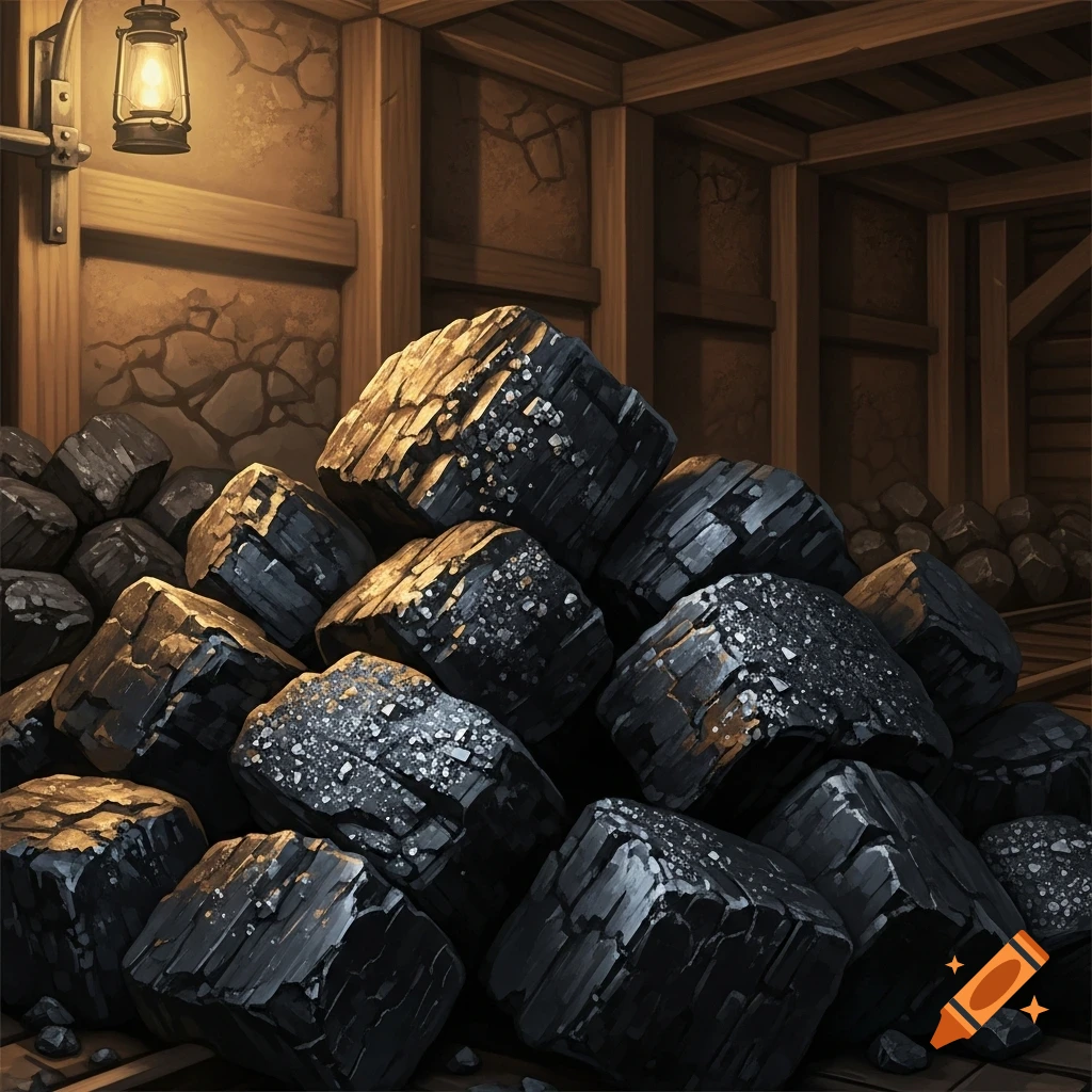 A large pile of black and grey coal chunks in a dimly lit mine shaft with wooden supports and a hanging lantern.