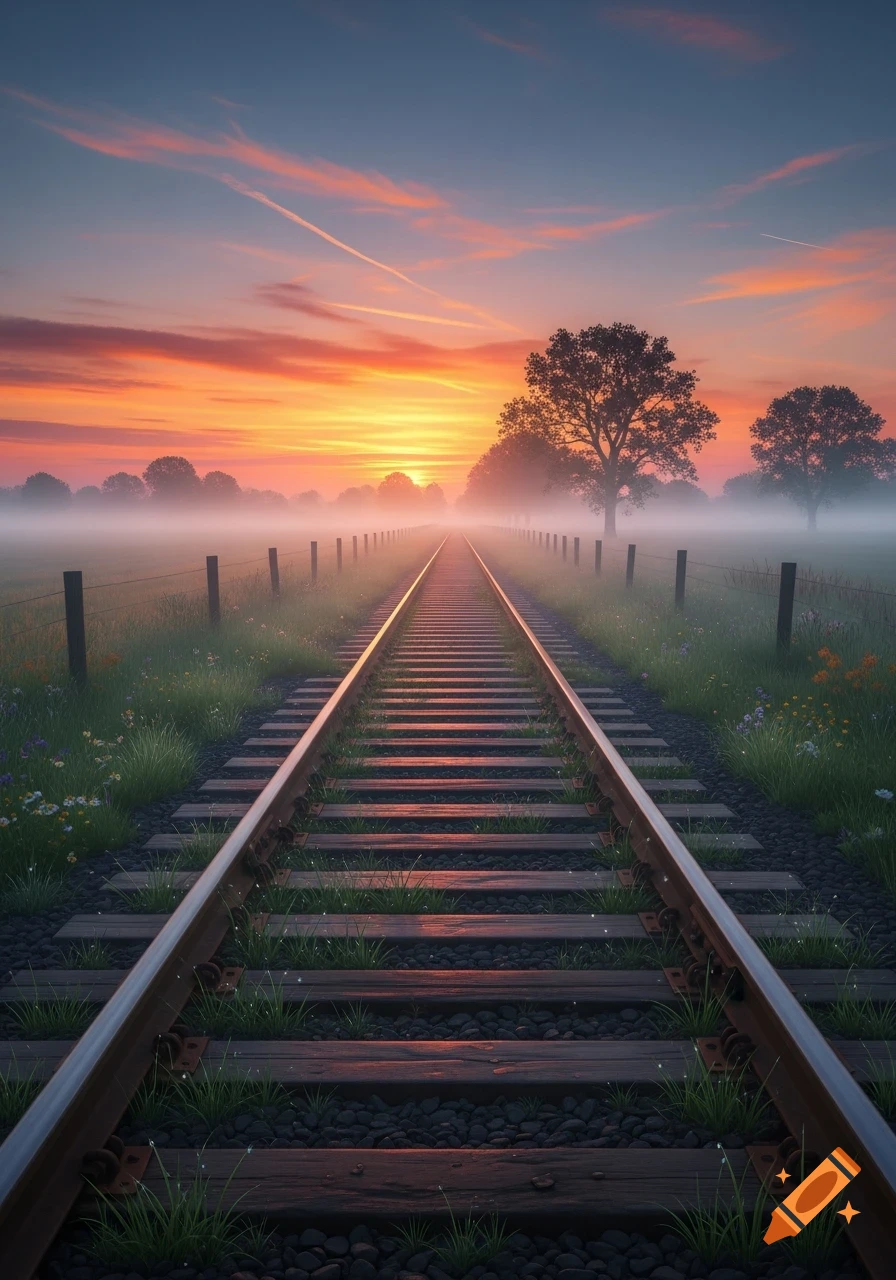 Photorealistic image of train tracks stretching into the distance through a misty field at a vibrant sunrise or sunset.