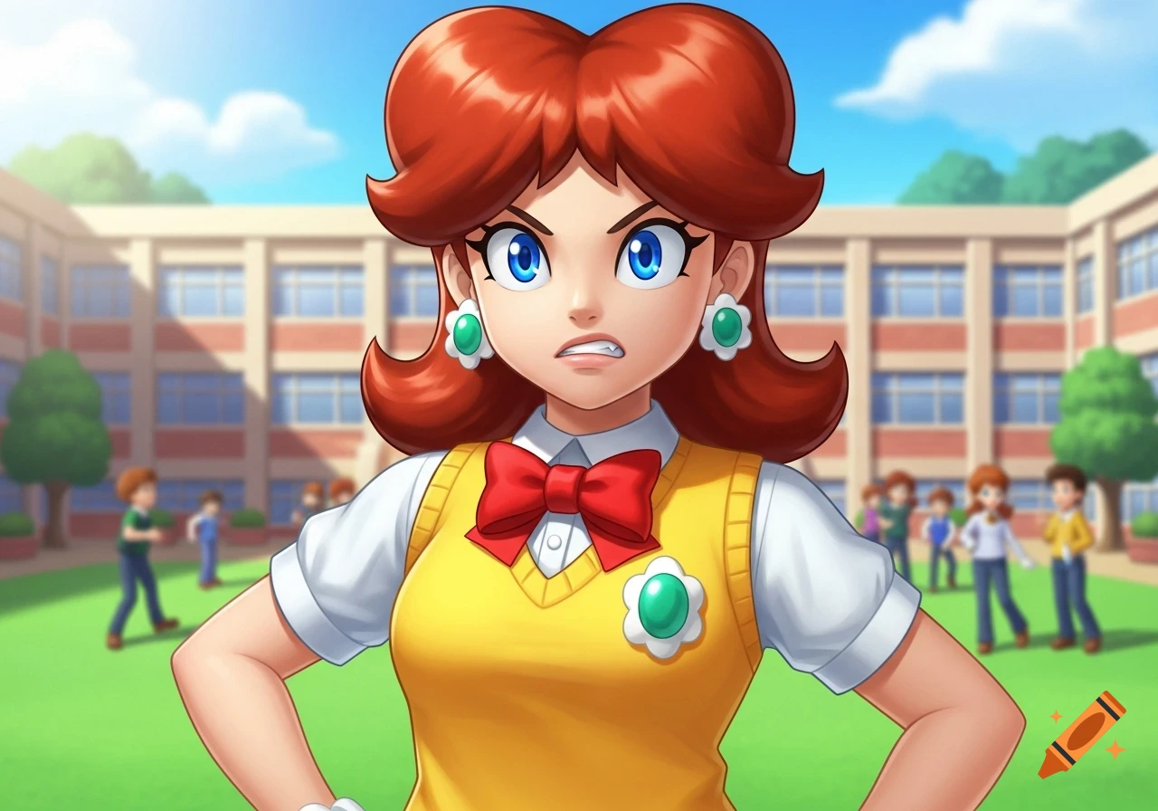 Princess Daisy with an angry expression, wearing a school uniform with a yellow sweater vest and red bow tie, standing in a schoolyard.