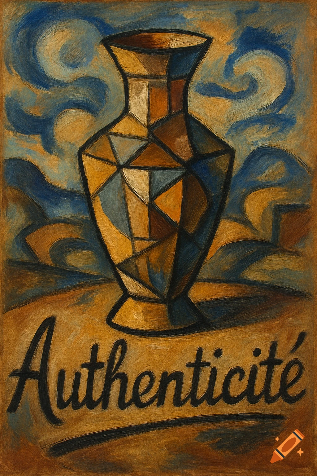 A cubist oil painting of a geometric vase with the word 'Authenticité' at the bottom, in blue and orange tones.