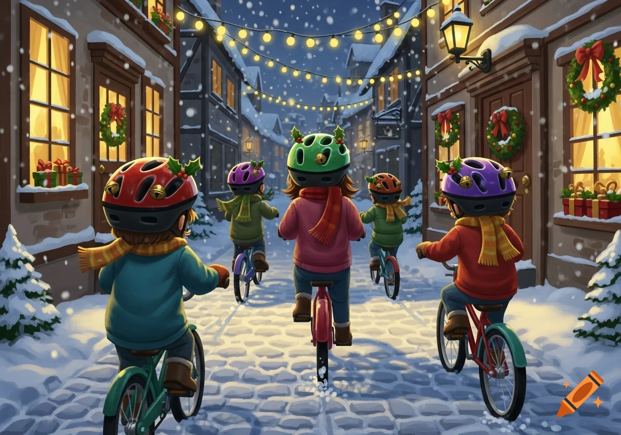 Illustrated children wearing helmets ride bikes down a snowy Christmas street at night.
