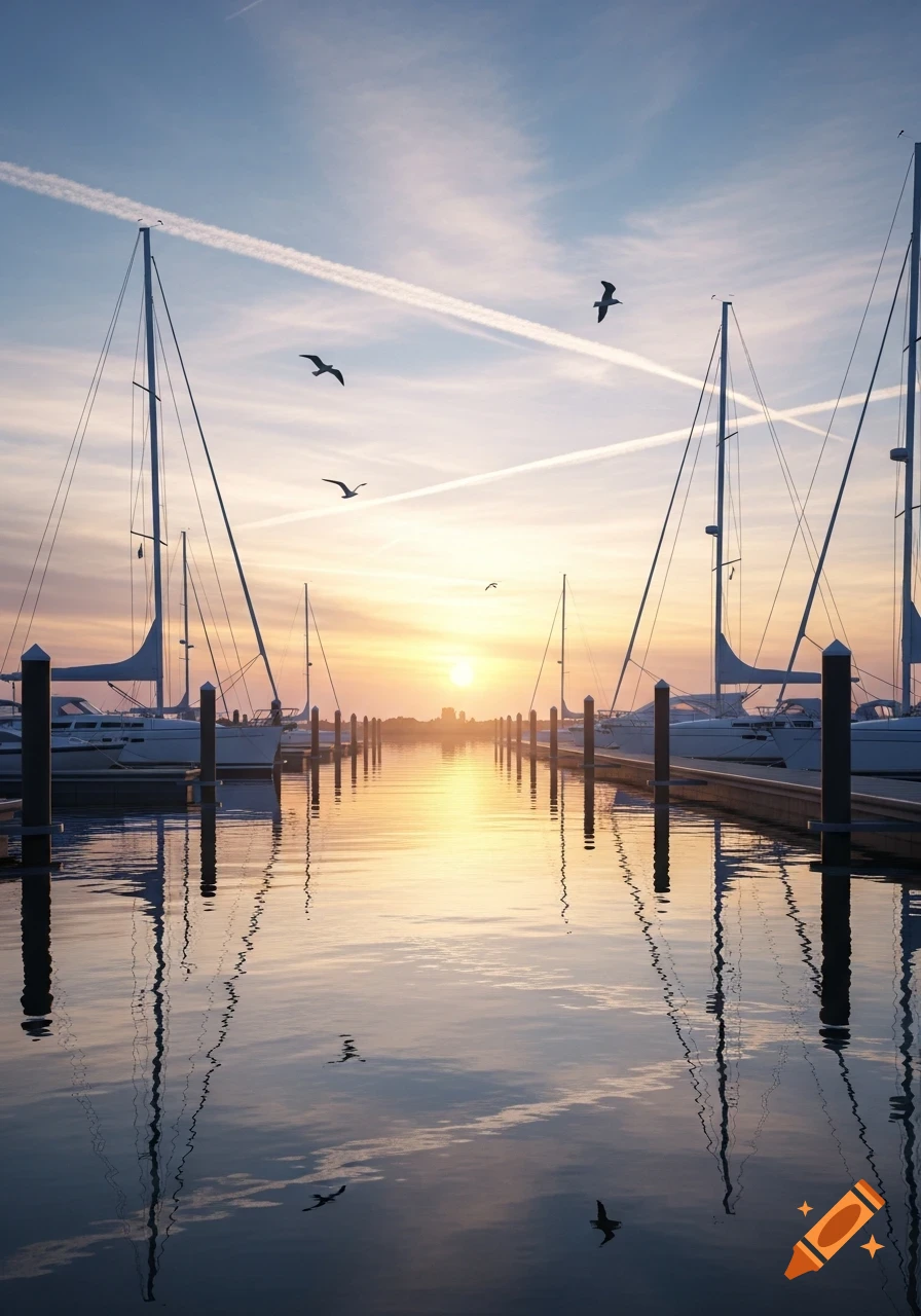 A serene marina scene at sunrise with sailboats reflecting on calm water and birds flying in the sky, featuring striking contrails.