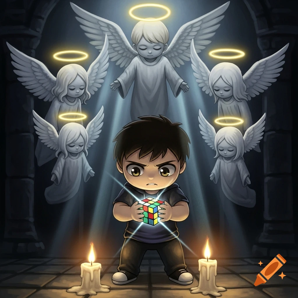 A chibi boy with an intense expression holds a glowing Rubik's cube, surrounded by five floating angels and two lit candles in a dark room, stylized.