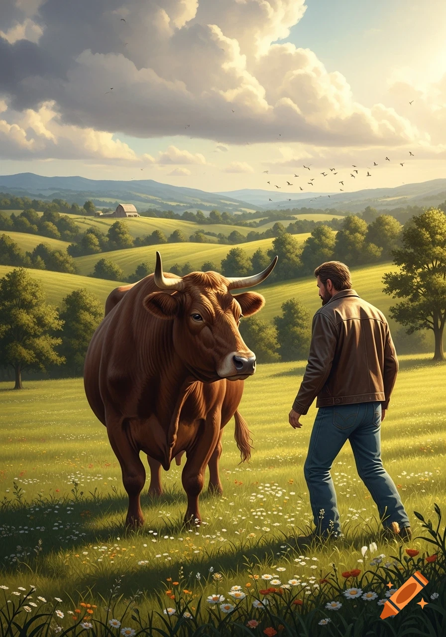 A man in a brown jacket and jeans faces a large brown cow in a green field with wildflowers, rolling hills, and a cloudy sky.