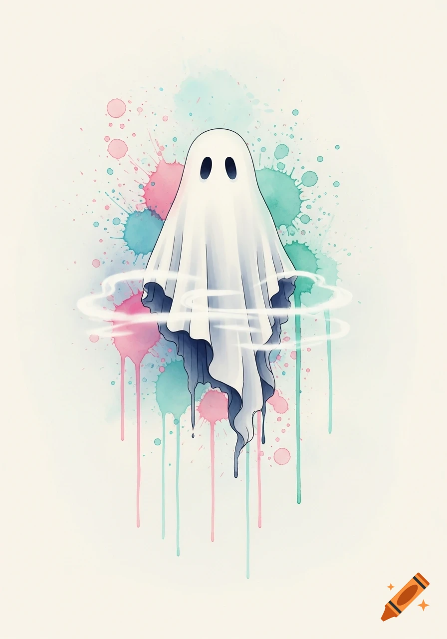 A cute cartoon ghost floating, surrounded by pink and teal watercolor splatters and drips.