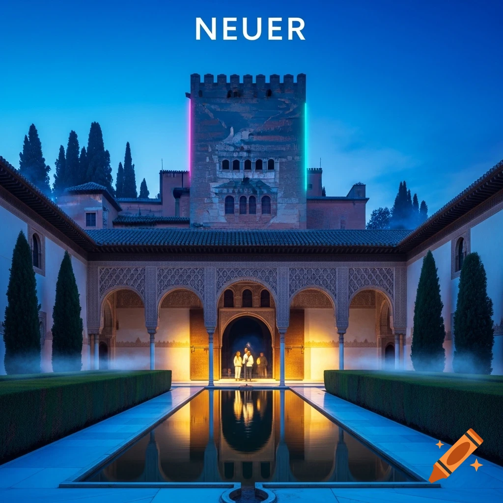 A courtyard resembling the Alhambra at dusk, with 'NEUER' text and neon lights on a tower, reflected in a pool.