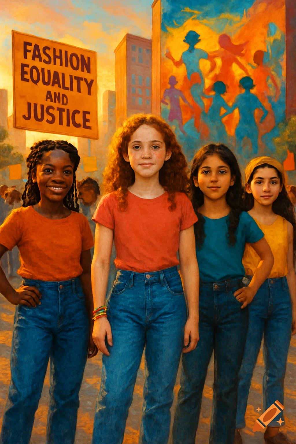 Four young girls stand smiling in a city street in front of a large mural and a sign reading "FASHION EQUALITY AND JUSTICE" in a painterly style.