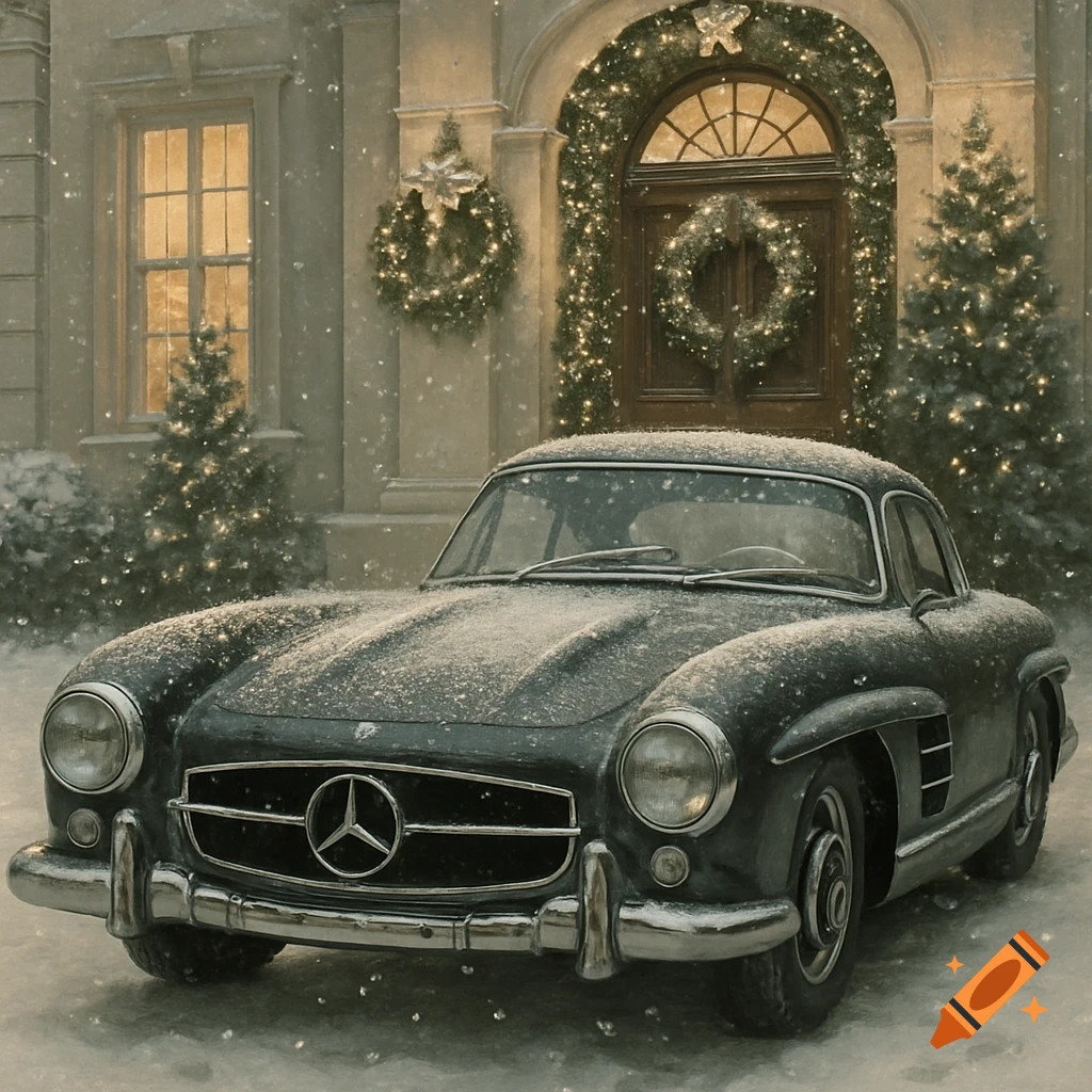 A black classic Mercedes-Benz car is parked in front of a snow-covered house decorated for Christmas with wreaths and lights.