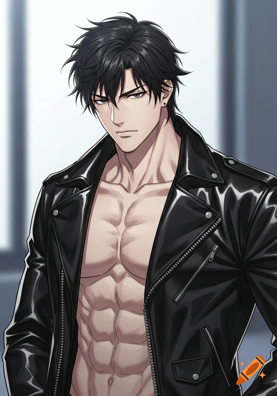 Anime portrait of a muscular man with black hair, wearing an open black leather jacket, looking forward.