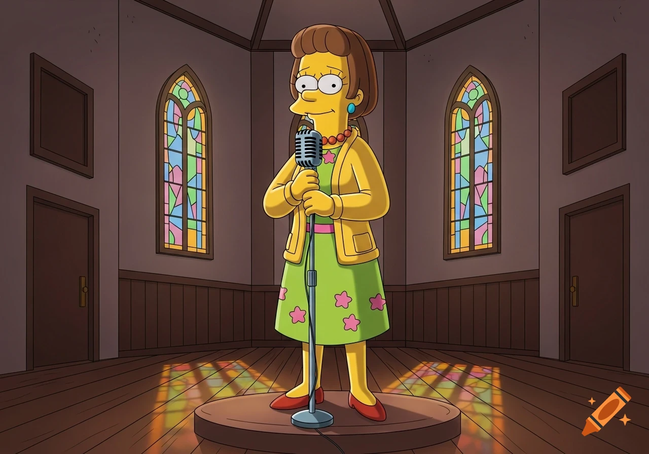 Maude Flanders from The Simpsons holds a microphone on a stage in a church with stained glass windows.