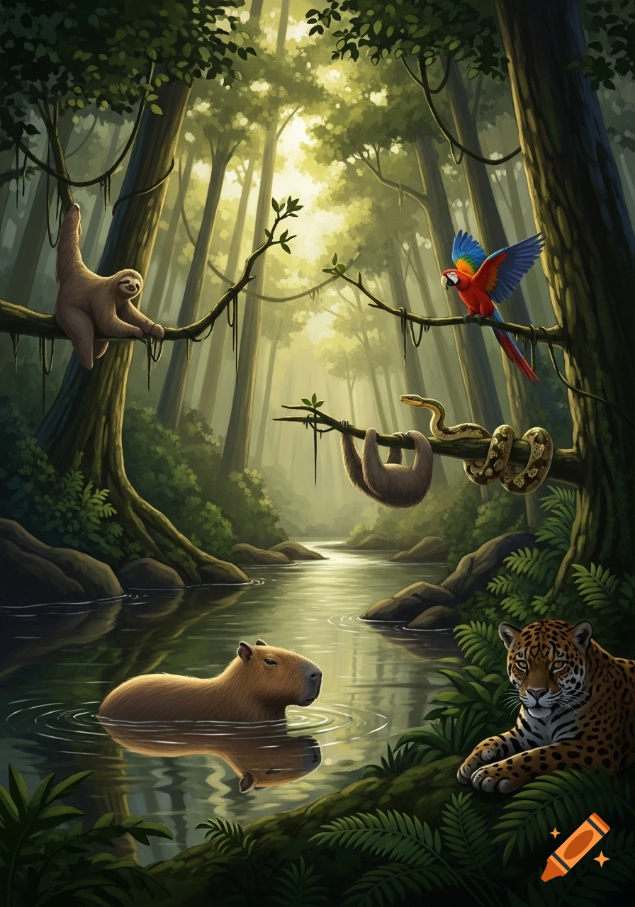 A vibrant digital painting of a sunlit rainforest with a river, featuring a capybara swimming, sloths, a parrot, a snake, and a jaguar.