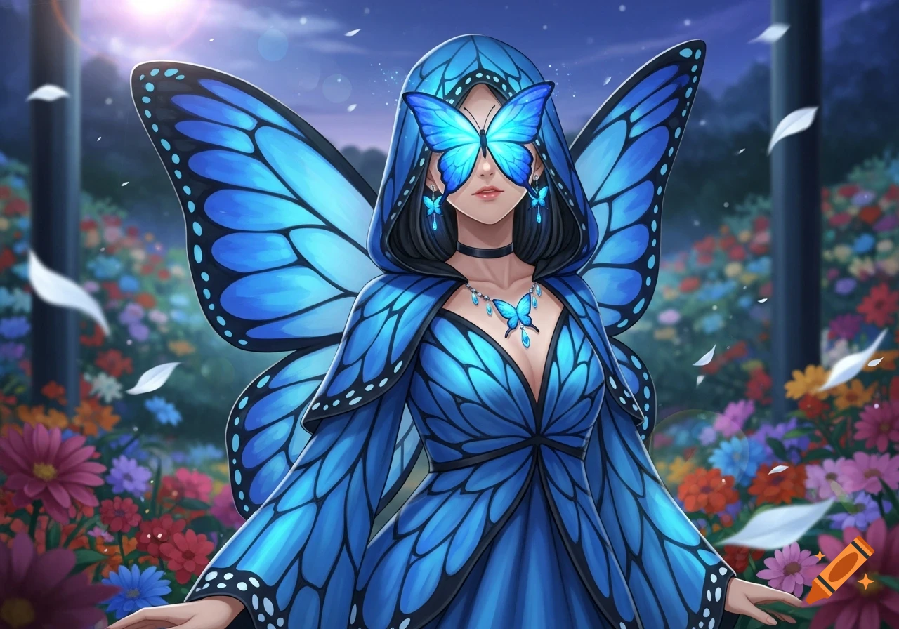 Anime butterfly girl in a blue hooded gown with matching wings, necklace, and earrings, a glowing blue butterfly covering her eyes, standing in a vibrant flower garden.