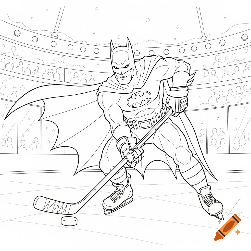 Black and white line art of Batman playing hockey on an ice rink, holding a stick and puck, designed as a coloring page.