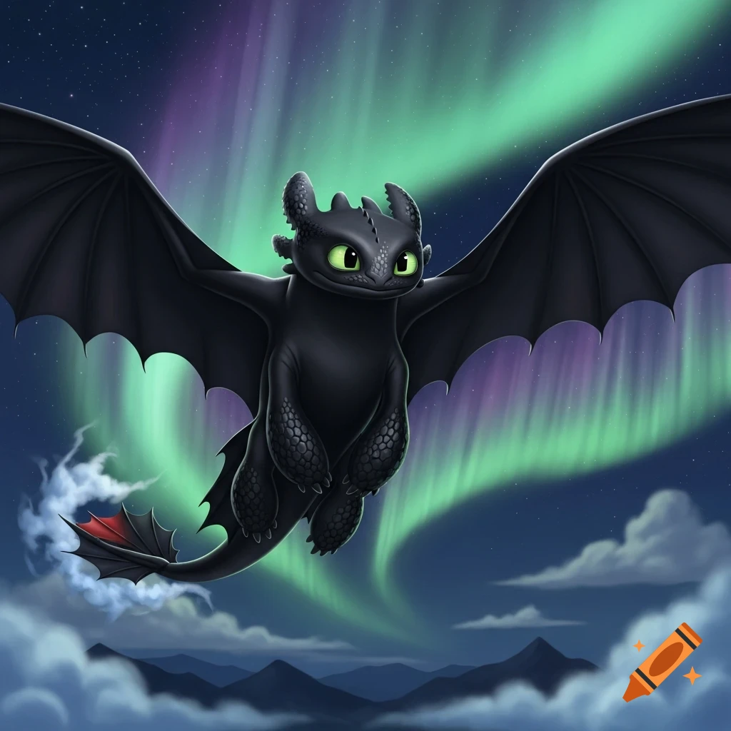 Toothless the black dragon flies through a night sky with vibrant green and purple aurora borealis.
