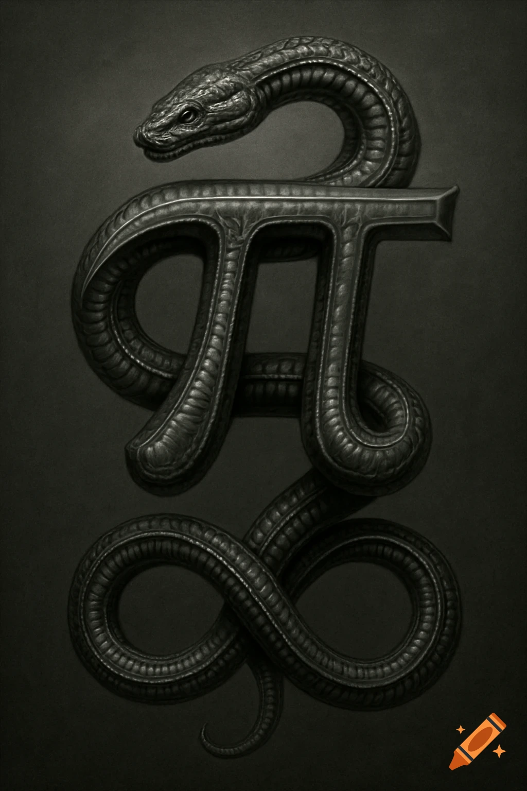 A dark, intricate H.R. Giger style illustration of a snake coiled around the Greek letter Pi, with its tail forming an infinity symbol.