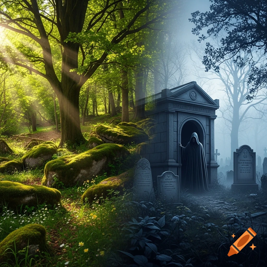A split image showing a vibrant, sunlit green forest on the left and a dark, foggy cemetery with a cloaked figure peering from a mausoleum on the right, photorealistic.