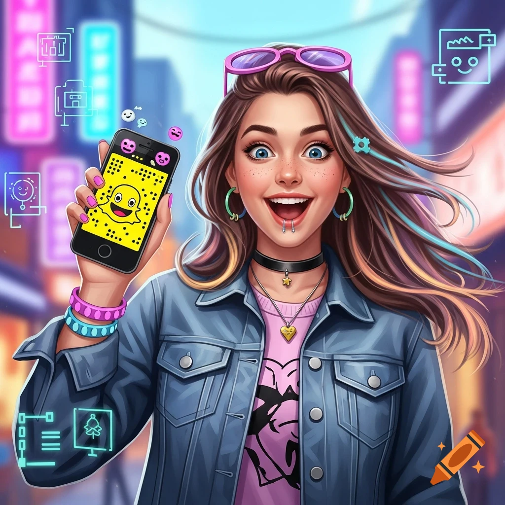 Cartoon illustration of a smiling young woman holding up a smartphone displaying the Snapchat logo, with a city street background.