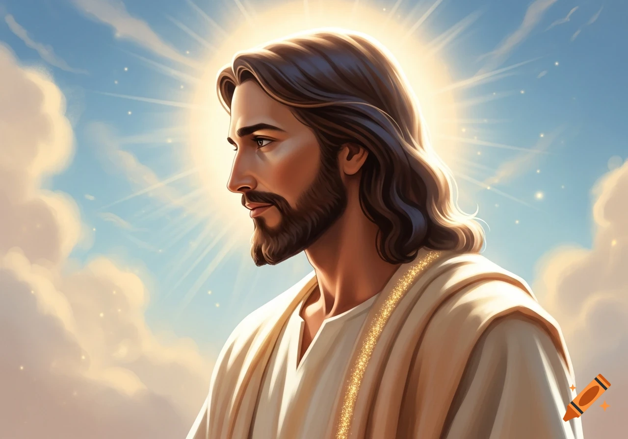 Stylized portrait of Jesus with a beard and long hair, looking left, with a radiant halo against a bright, cloudy sky.