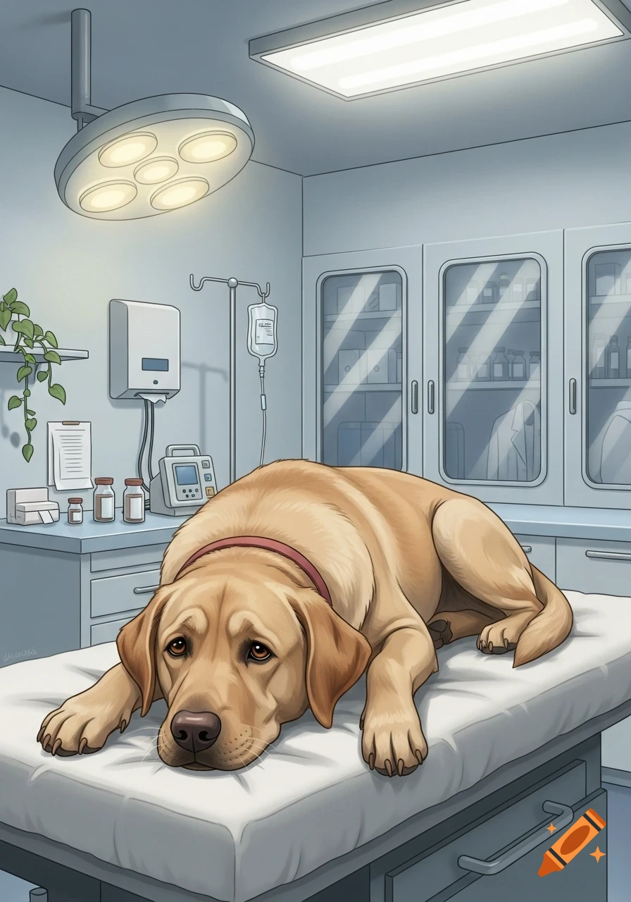 An illustration of a sad golden labrador dog lying on an examination table in a brightly lit veterinary clinic.
