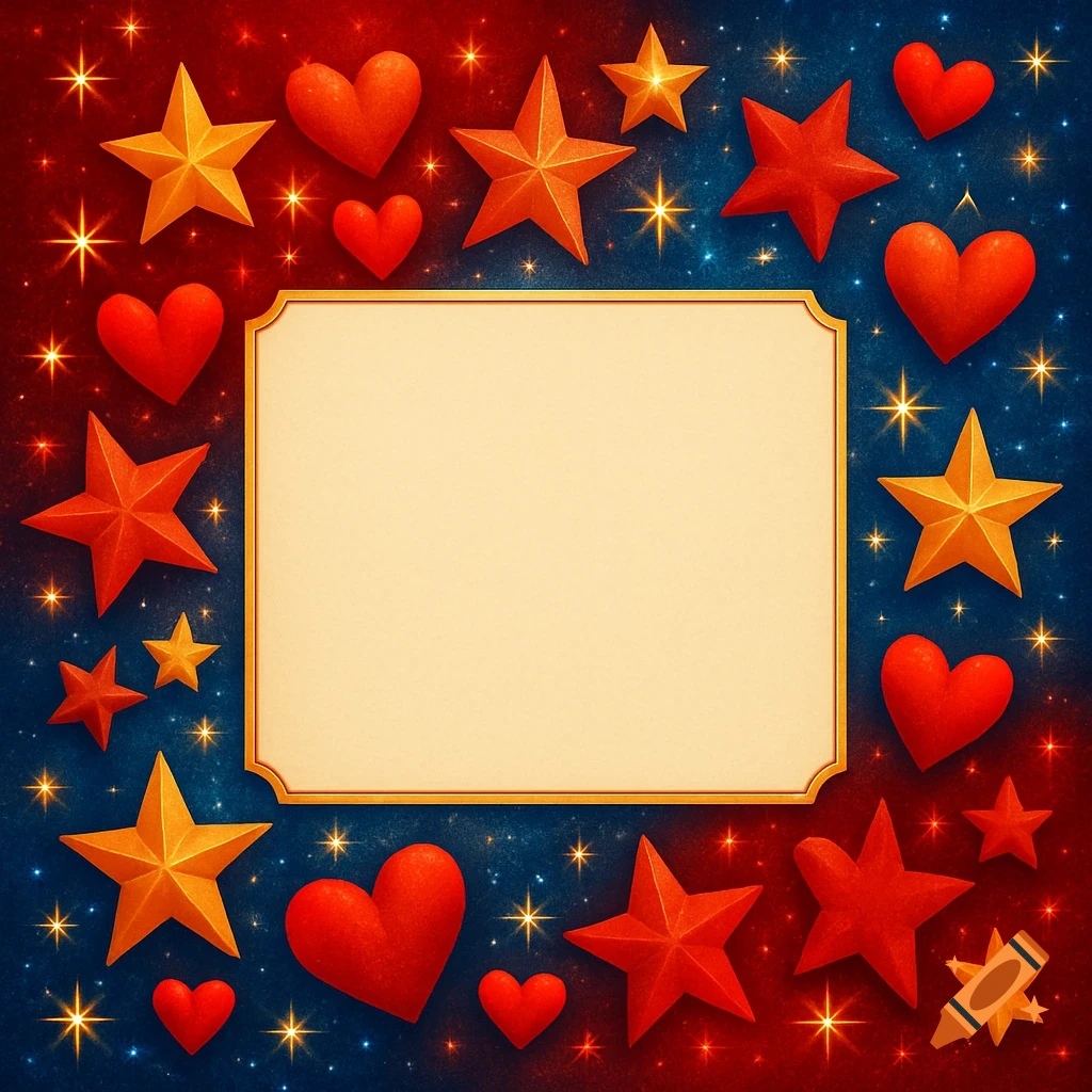 Red hearts and gold and red stars with sparkling lights on a red and blue background, framing a blank gold-bordered text field.