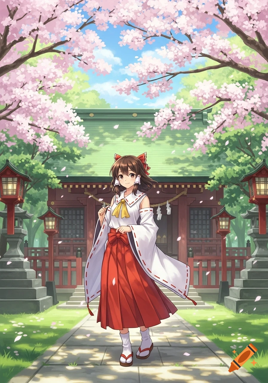 Anime girl in traditional red and white miko attire stands in front of a Japanese shrine with pink cherry blossoms.